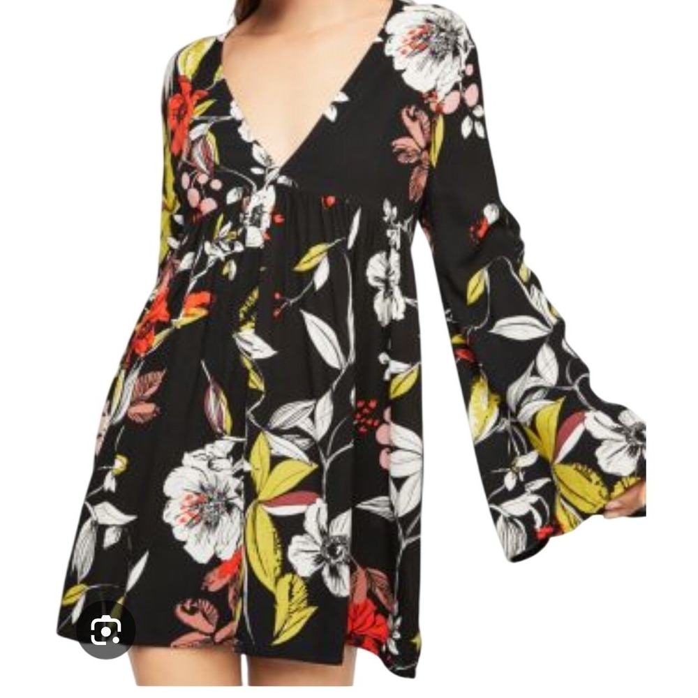 Free People Bella Floral Print V Neck Bell Sleeve Tunic Mini Dress XS Black